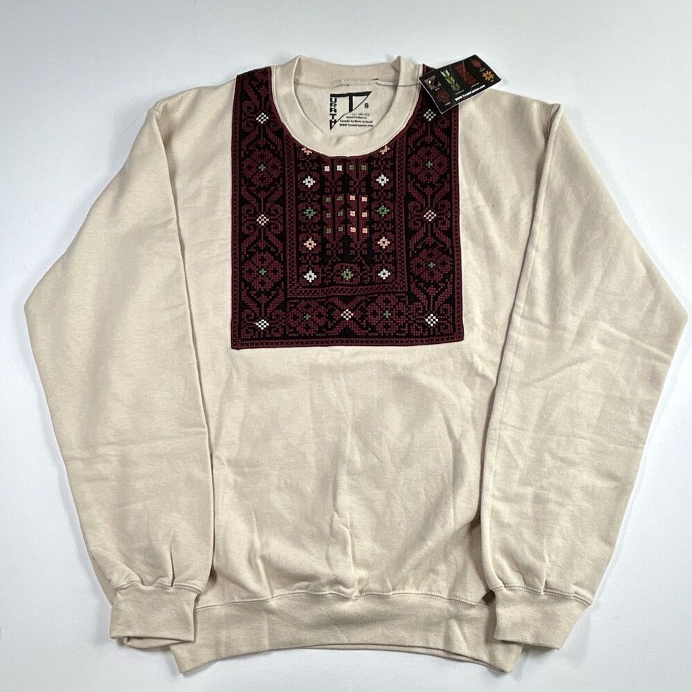 NWT Turath Palestinian Tatreez Embroidered Fleece Crewneck Pullover Sweatshirt S